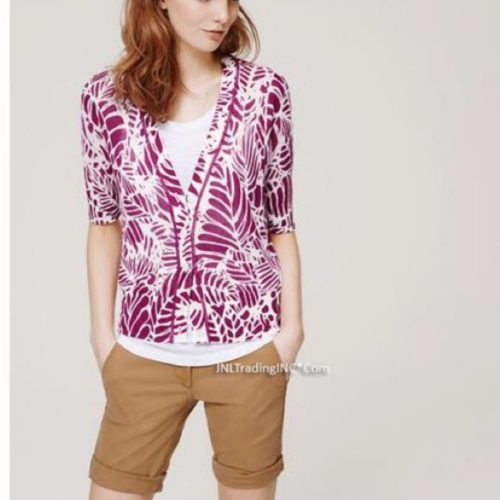 Ann Taylor Loft Womens Leaf Print Short Sleeve Sheer Button Up Cardigan Size M